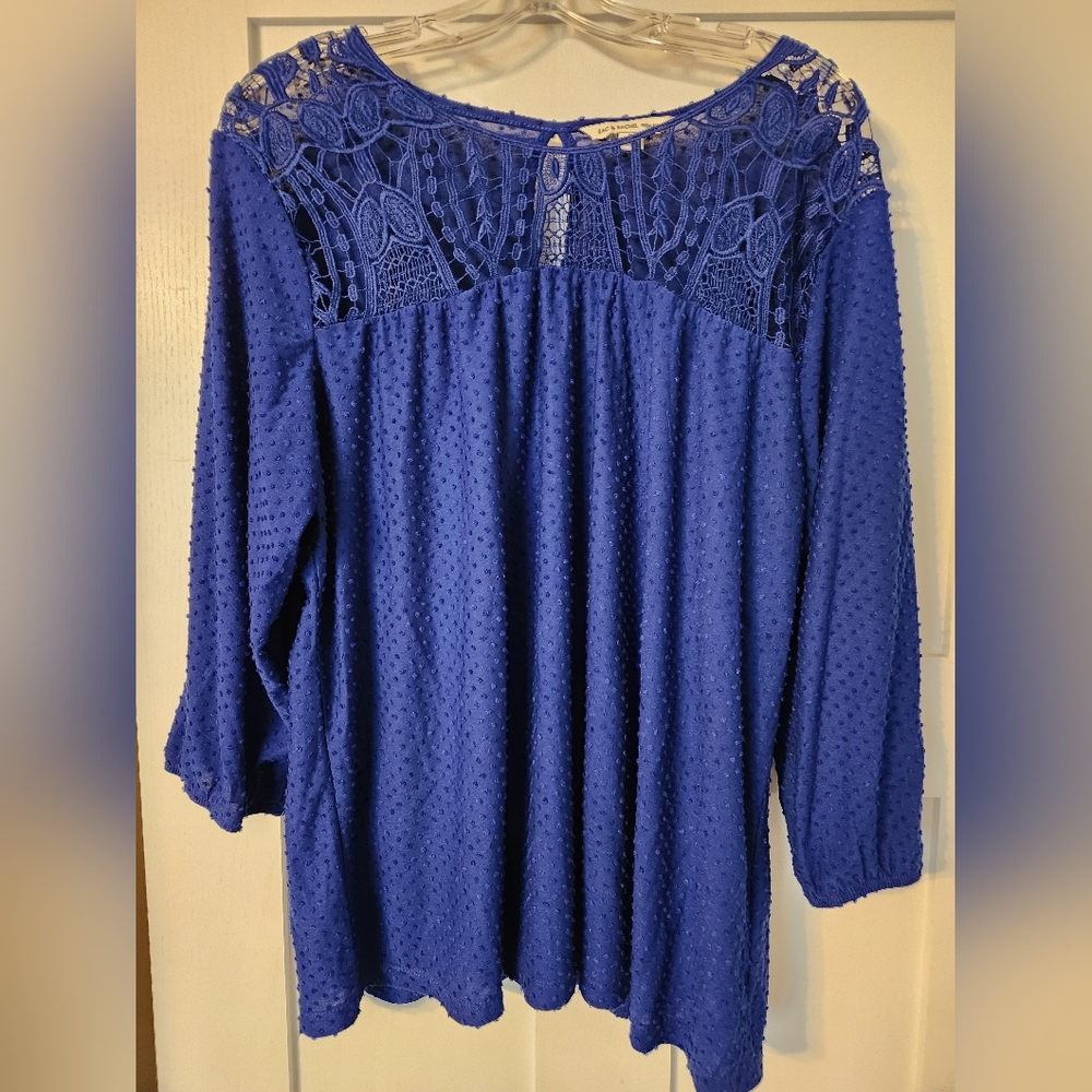 Zac & Rachel Blue Swiss Dot 3/4 sleeve blouse Womens sz 1X work fall corp core - Picture 1 of 7